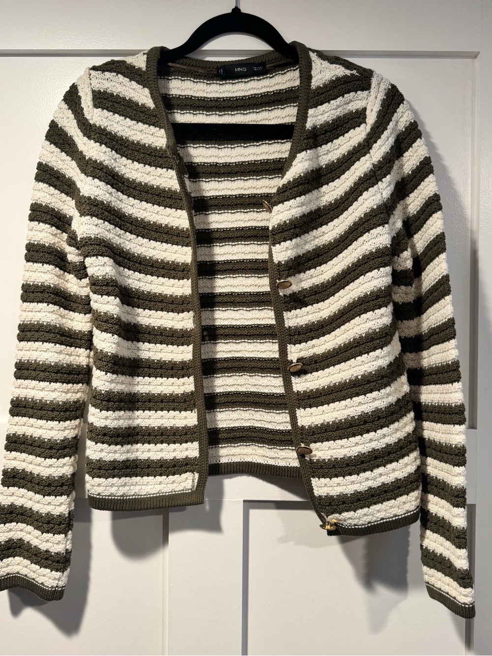 Mango Olive Green & Cream Striped Cotton-Blend Cardigan